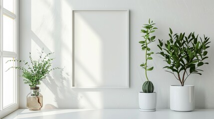 A minimalist white picture frame hangs on the back wall. Add simplicity but elegance to the space. - obrazy, fototapety, plakaty