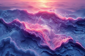an abstract blue and purple sunset beach scene, in the style of futuristic chromatic waves. Generative AI