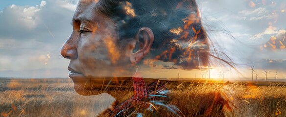 A mature Native American woman, her gaze thoughtful and proud, is superimposed with the vast expanse of a golden prairie. - obrazy, fototapety, plakaty