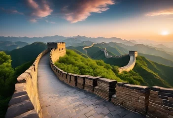 Papier Peint Lavable Mur chinois the great wall of china in sunrise time with clouds on the sky