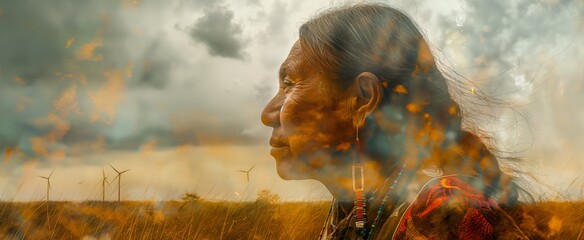 A mature Native American woman, her gaze thoughtful and proud, is superimposed with the vast expanse of a golden prairie. - obrazy, fototapety, plakaty
