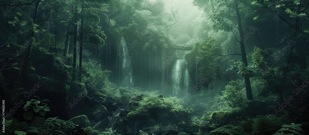 Poster lush forest with an abundance of trees and a cascading waterfall creating a serene ambiance.