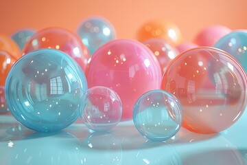 bubbles on a colorful background, in the style of light orange and turquoise, three-dimensional space, light beige and pink, realistic forms, abstraction. Generative AI