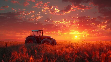 Fototapeta premium combine harvester cropping yellow wheat in the autumn field, dark turquoise and light crimson, red and indigo, dark gold and crimson. Generative AI
