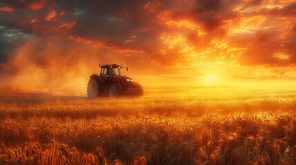 Naklejka premium combine harvester cropping yellow wheat in the autumn field, dark turquoise and light crimson, red and indigo, dark gold and crimson. Generative AI