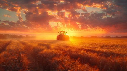 Fototapeta premium combine harvester cropping yellow wheat in the autumn field, dark turquoise and light crimson, red and indigo, dark gold and crimson. Generative AI