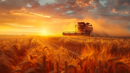Fototapeta premium combine harvester cropping yellow wheat in the autumn field, dark turquoise and light crimson, red and indigo, dark gold and crimson. Generative AI