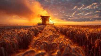 Gardinen combine harvester cropping yellow wheat in the autumn field, dark turquoise and light crimson, red and indigo, dark gold and crimson. Generative AI © Skiffcha