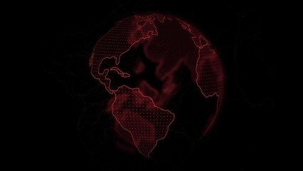 Digital red Earth 3D animation background. Rotating stylized world globe with glowing red particle dots. Big data technology, business, communication or digital concept video. - Powered by Adobe