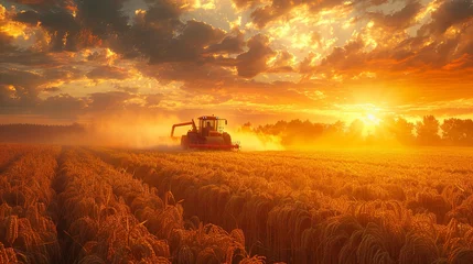 Gordijnen combine harvester cropping yellow wheat in the autumn field, dark turquoise and light crimson, red and indigo, dark gold and crimson. Generative AI © Skiffcha