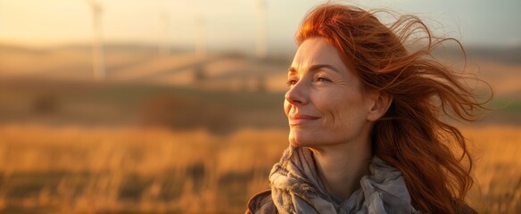 Senior redhead woman with a contemplative look, immersed in golden wheat field with wind turbines in the background. - obrazy, fototapety, plakaty
