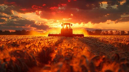 Photo sur Aluminium Rouge 2 combine harvester cropping yellow wheat in the autumn field, dark turquoise and light crimson, red and indigo, dark gold and crimson. Generative AI