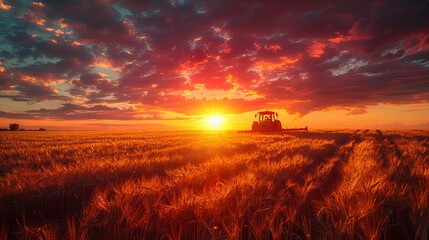 combine harvester cropping yellow wheat in the autumn field, dark turquoise and light crimson, red and indigo, dark gold and crimson. Generative AI