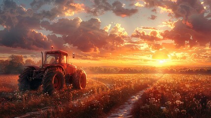 Fototapeta premium combine harvester cropping yellow wheat in the autumn field, dark turquoise and light crimson, red and indigo, dark gold and crimson. Generative AI