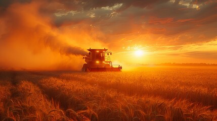 Fototapeta premium combine harvester cropping yellow wheat in the autumn field, dark turquoise and light crimson, red and indigo, dark gold and crimson. Generative AI