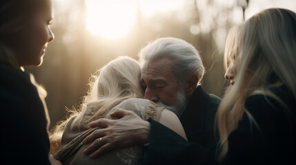 Senior man hugging young women, backlight by the sun - death and funeral concept - Generative AI - obrazy, fototapety, plakaty