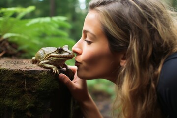 A close up of a young woman kissing a frog.
