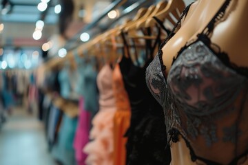 A lingerie store with a woman in sexy clothes in the blurred background. - obrazy, fototapety, plakaty