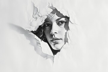 A pencil painting of a woman coming out of the paper.