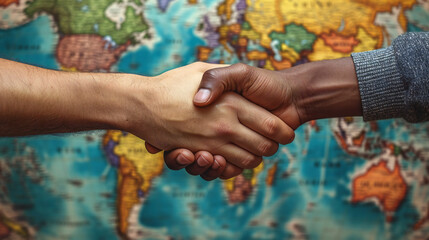 Two individuals shaking hands against a colorful world map background, symbolizing global unity and international collaboration. Perfect for: international relations, unity, diversity, peace.