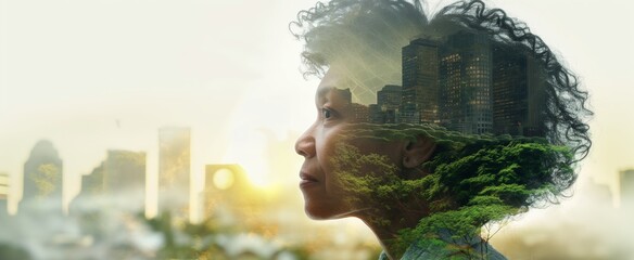 Double exposure portrait of a senior woman with serene expression, overlaid with a vibrant cityscape and lush greenery, symbolizing a harmonious blend of urban life and nature.