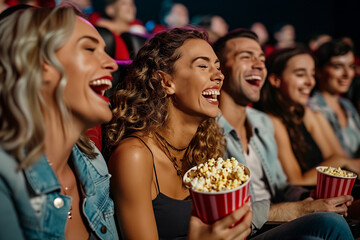 Friends at the cinema, laughing and enjoying popcorn while watching a comedy movie sitting in their seats - obrazy, fototapety, plakaty