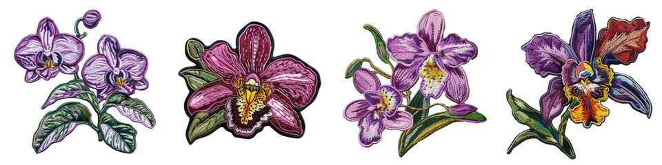 Orchid flower embroidered patch badge Hyperrealistic Highly Detailed Isolated On Transparent Background Png File
