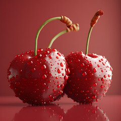 Fresh Red Cherries with Water Droplets in Vray Tracing Style