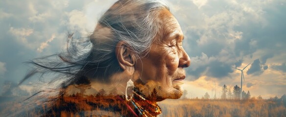 Elderly Native American woman in traditional attire, gazing across a golden field, embodying the spirit of her heritage and the beauty of the natural world.