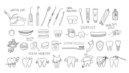 Big set of dental care theme elements in doodle style.  Stomatology, dental floss, oral hygiene, teeth health,  toothbrush, braces. Healthcare and medicine. Vector illustrations EPS 10