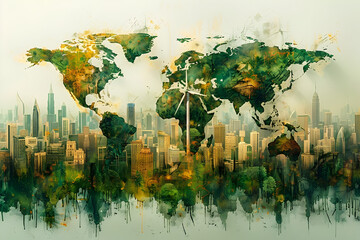 Green Urban World Map in Styles of Artistic Illustrations