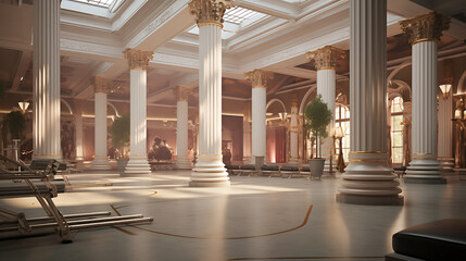 A gym interior inspired by ancient Rome, with Roman column architecture and gladiator-themed workout areas.