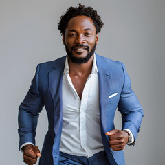 Studio Portrait of a Handsome Black Man in Suit Running