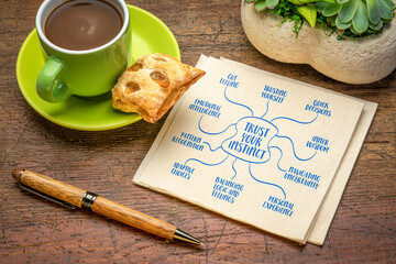 trust your instinct concept - mind map infographics sketch on a napkin with coffee, decision making and personal development
