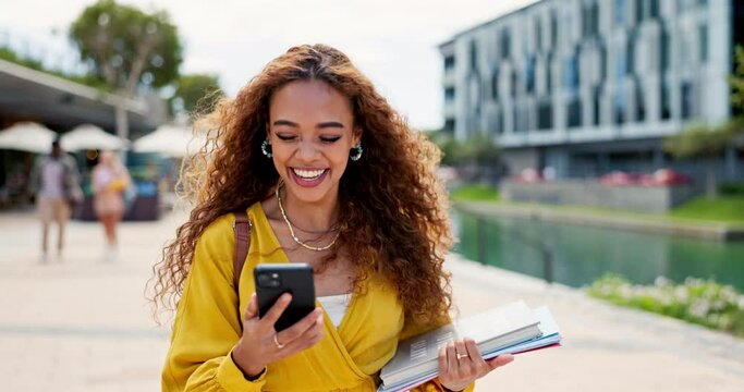 Phone, laughing and happy student outdoor with funny social media, chat or gif communication. University, education and female person at campus with smartphone, app or texting, meme or silly message