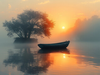 Misty Sunrise over a Calm River with a Lone Boat