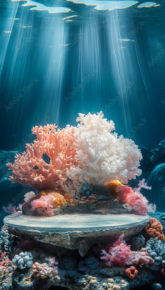 Wall mural podium underwater themed coral reef background 