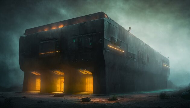 Futuristic modern full long huge bunker, Fog, Generative Ai