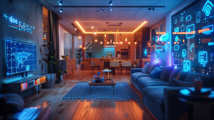 modern living room, concept of the Internet of Things with an image of a smart home, featuring various connected devices and appliances - obrazy, fototapety, plakaty