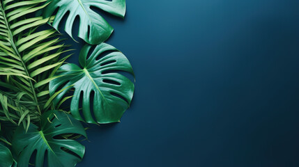 Tropical leaves monstera on dark blue background. Empty space flat lay. Creative minimal summer concept