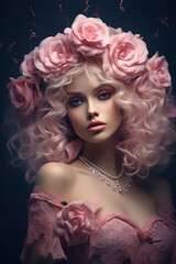 Beautiful woman with perfect face, headdress of pink roses and gothic style makeup