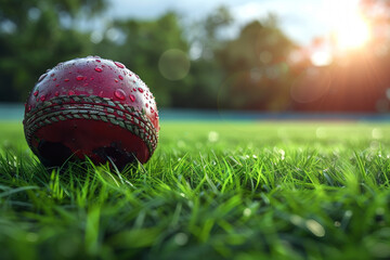 A cricket ball in the grass. 