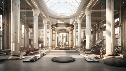 A gym interior inspired by ancient Rome, with Roman column architecture and gladiator-themed...