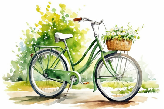 Bicycle on grass green field in springtime or summer, watercolor illustration