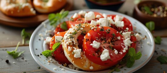 A white plate is presented with neatly sliced tomatoes and chunks of feta cheese, topped with a sprinkle of herbs, on a rustic wooden background.