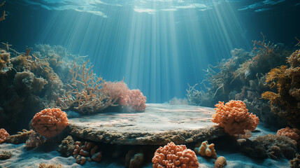 podium underwater themed coral reef background 