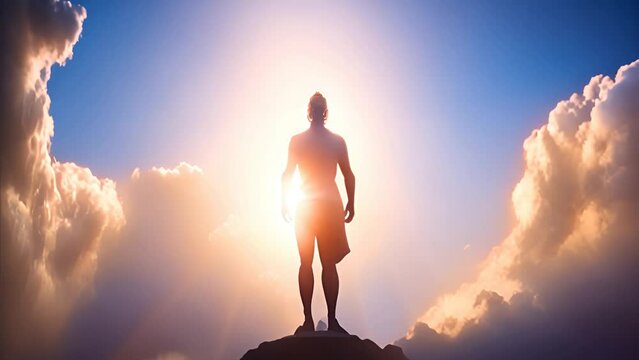 Spiritual person with aura Healing energy standing near the ocean. Aura around man with healing power energy theta waves. sci-fi concept showing a male recovering energy. Man with aura and soul