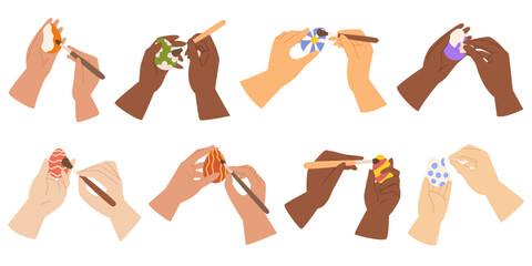 Collection with different hand that painting easter eggs. Painted egg holiday illustration. Vector flat style.