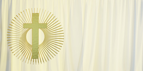 Holy cross with curtain against brown backdrop