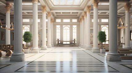 A gym interior inspired by ancient Greek architecture, with columns and marble accents. - obrazy, fototapety, plakaty
